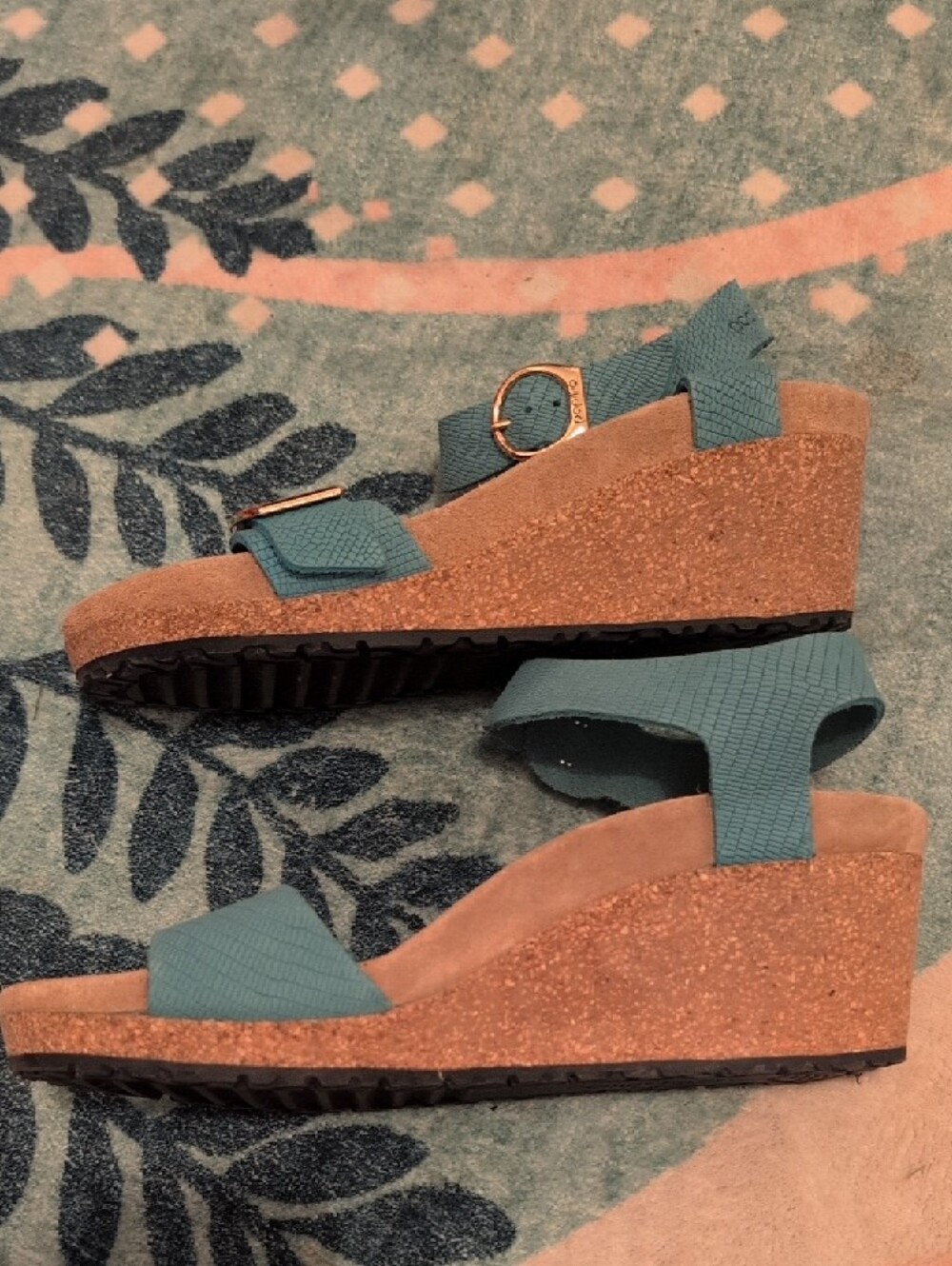 Birkenstock Papillio Teal Textured Two-Strap Wedge Sandals with Gold Buckles - Picture 8 of 9